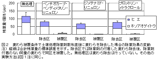 図2 麦わら被覆条件で土壌処理除草剤散布直後に麦わらを除去した場合の除草効果の変動