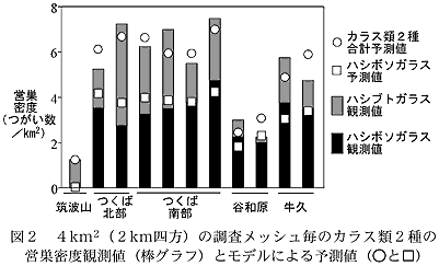 図2 4km2(2km四方)の調査メッシュ毎のカラス類2種の営巣密度観測値(棒グラフ)とモデルによる予測値(○と□)