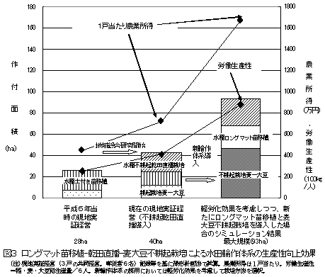 図3 ロングマット苗移植-乾田直播-麦大豆不耕起栽培による水田輪作体系の生産性向上効果