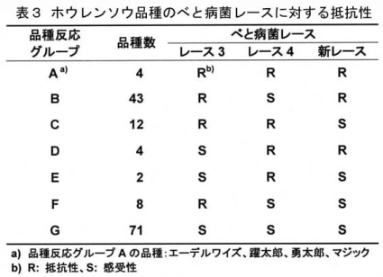 表3.ホウレンソウ品種のべと病菌レースに対する抵抗性