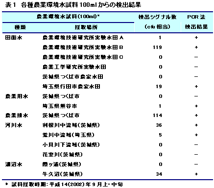 表1 各種農業環境水試料100ml からの検出結果