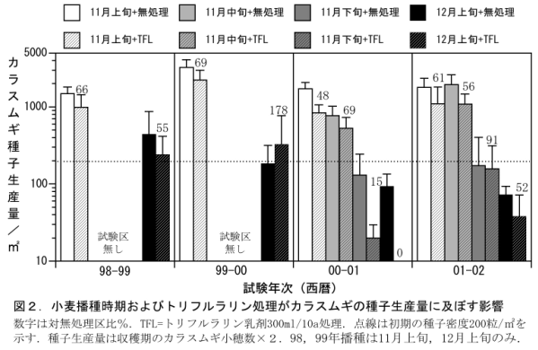 図2.小麦播種時期およびトリフルラリン処理がカラスムギの種子生産量に及ぼす影響