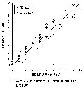 図3.葉色による相対出穂日の予測値と実測値との比較