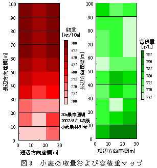 図3 小麦の収量および容積重マップ