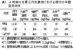 表1 A地域の主要三作目農地における現行の年間窒素収支
