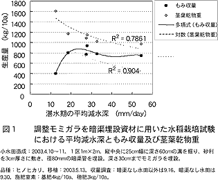 図1 調整モミガラを暗渠埋設資材に用いた水稲栽培試験における平均減水深ともみ収量及び茎葉乾物重