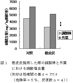 図1 樹皮炭施用した際の調製株と外葉における硝酸塩含量