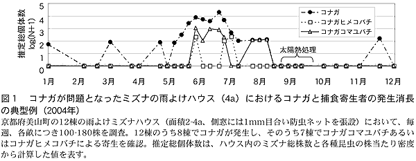図1 コナガが問題となったミズナの雨よけハウス(4a)におけるコナガと捕食寄生者の発生消長の典型例