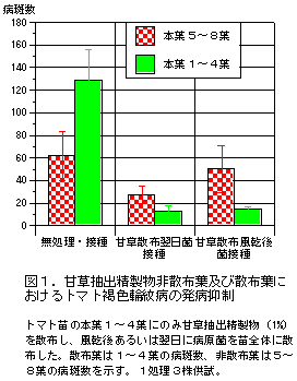 図1.甘草抽出精製物非散布葉及び散布葉に おけるトマト褐色輪紋病の発病抑制