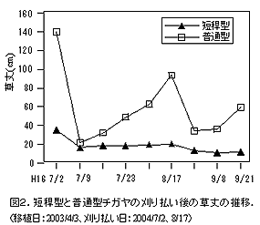 図2.短稈型と普通型チガヤの刈り払い後の草丈の推移.