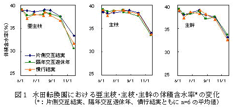 図1 水田転換園における亜主枝・主枝・主幹の体積含水率の変化