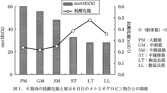 図1.6筋肉の抗酸化能と展示6日目のメトミオグロビン割合との関係