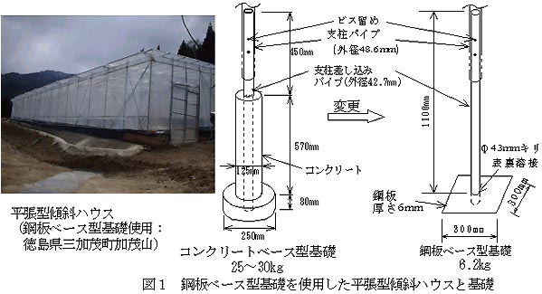 図1 鋼板ベース型基礎を使用した平張型傾斜ハウスと基礎