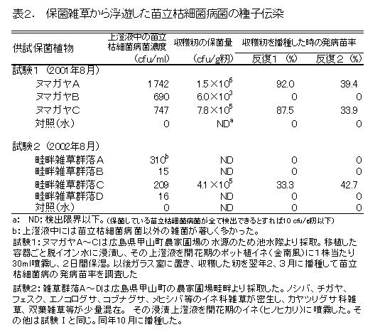 表2. 保菌雑草から浮遊した苗立枯細菌病菌の種子伝染