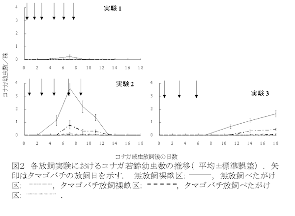 図2 各放飼実験におけるコナガ若齢幼虫数の推移(平均±標準誤差).