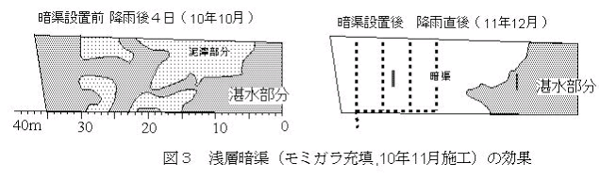 図3.浅層暗渠(モミガラ充填、10年11月施工)の効果