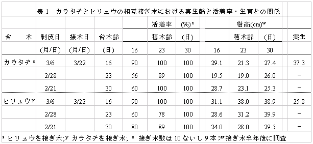 表1 カラタチとヒリュウの相互接ぎ木における実生齢と活着率・生育との関係