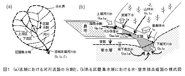 図1 (a)流域における河川流路の分割と、(b)ある区間集水域における水・窒素排出経路の模式図