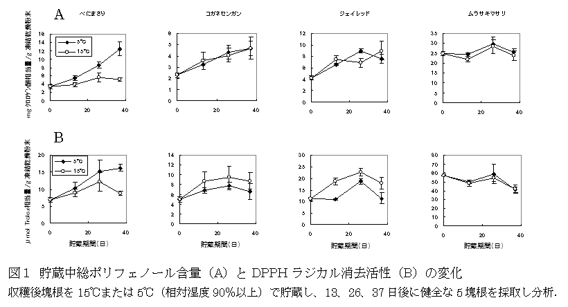図1 貯蔵中総ポリフェノール含量(A)とDPPHラジカル消去活性(B)の変化