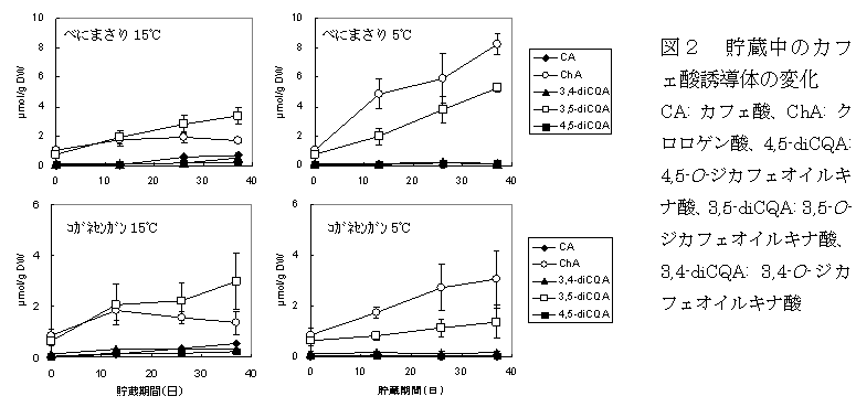 図2 貯蔵中のカフェ酸誘導体の変化