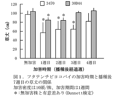 図1.フタテンチビヨコバイの加害時期と播種後7週目の草丈の関係