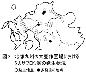 図2 北部九州の大豆作圃場におけるタカサブロウ類の発生状況