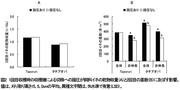 図2 1回目収穫時の収穫機による切株への踏圧が飼料イネの乾物収量(A)と2回目の茎数(B)に及ぼす影響。値は、刈り取り高さ15、5、0cmの平均。異種文字間は、5%水準で有意(LSD)。