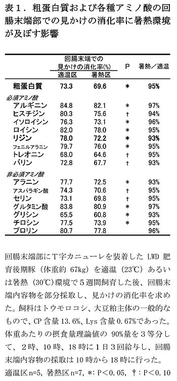 表1.粗蛋白質および各種アミノ酸の回腸末端部での見かけの消化率に暑熱環境が及ぼす影響