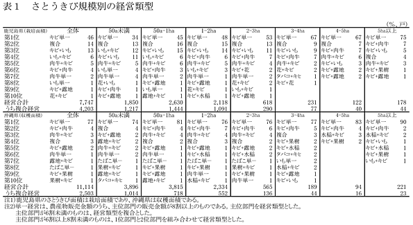 表1 さとうきび規模別の経営類型