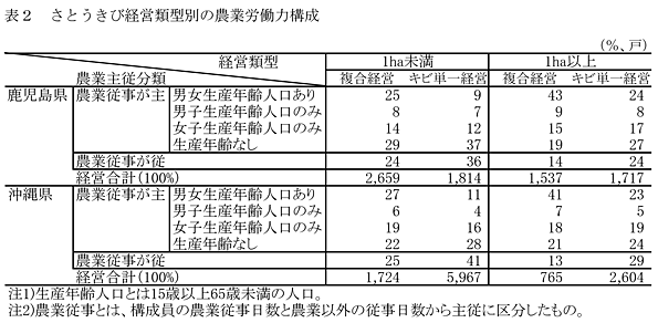 表2 さとうきび経営類型別の農業労働力構成