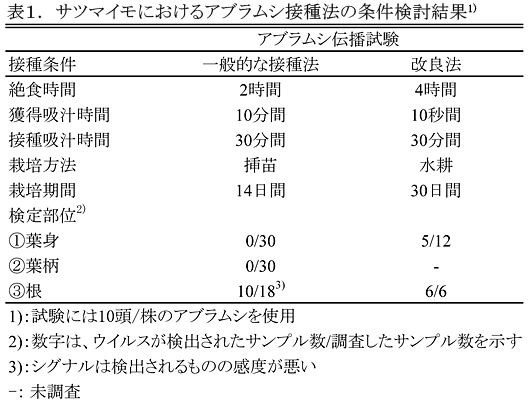 表1.サツマイモにおけるアブラムシ接種法の条件検討結果1)