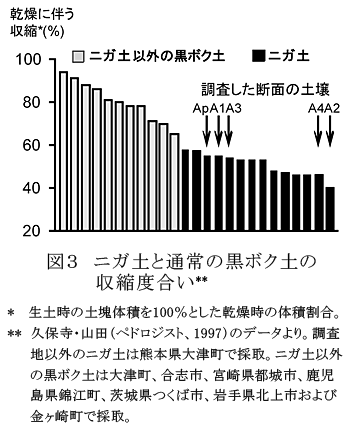 図3 ニガ土と通常の黒ボク土の収縮度合い**