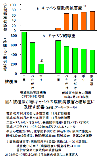 図3 被覆法が春キャベツの腐敗病被害と結球重に 及ぼす影響