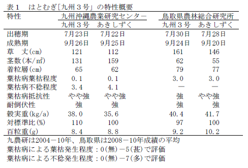 表1 はとむぎ[九州3号」の特性概要