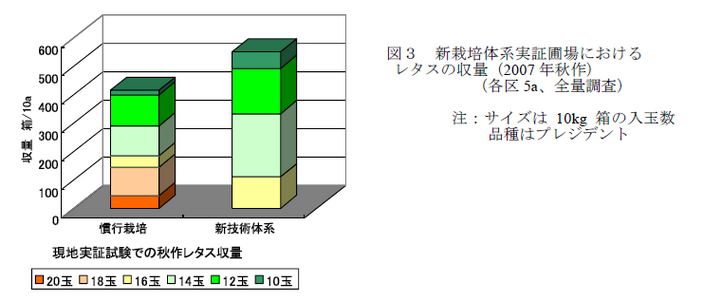 図3 新栽培体系実証圃場における レタスの収量(2007 年秋作) (各区5a、全量調査)