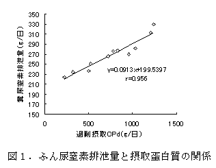 図1.ふん尿窒素排泄量と摂取蛋白質の関係