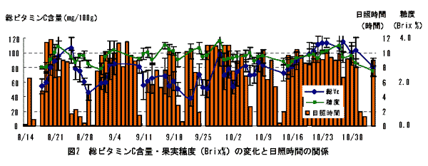 図2 総ビタミンC含量・果実糖度(Brix%)の変化と日照時間の関係
