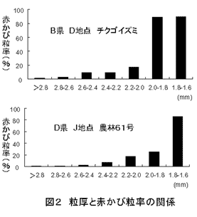 図2 粒厚と赤かび粒率の関係