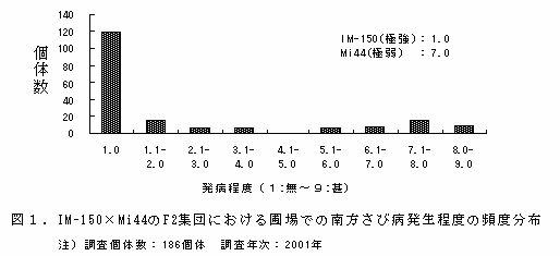 図1 IM-150 ×Mi44のF2集団における圃場での南方さび病発生程度の頻度分布