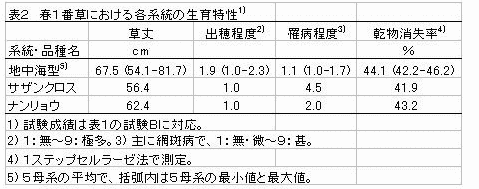 表2 春1番草における各系統の生育特性