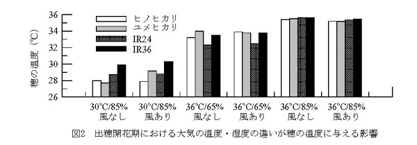 図2 出穂開花期における大気の温度・湿度の違いが穂の温度に与える影響