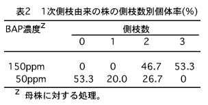 表2.1次側枝由来の株の側枝数別個体率