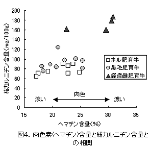 図4.肉色素(ヘマチン)含量と総カルニチン含量と の相関