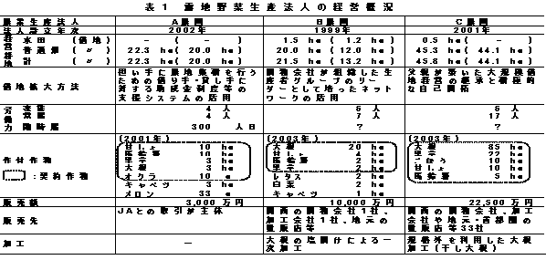 表1 露地野菜生産法人の経営概況