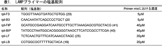表1. LAMPプライマーの塩基配列