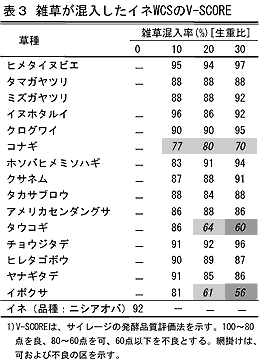 表3 雑草が混入したイネWCSのV-SCORE