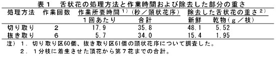 表1 舌状花の処理方法と作業時間および除去した部分の重さ