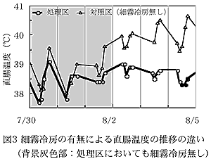 図3 細霧冷房の有無による直腸温度の推移の違い