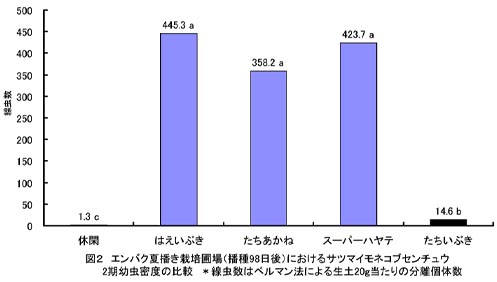 図2 エンバク夏播き栽培圃場におけるサツマイモネコブセンチュウ2期幼虫密度の比較