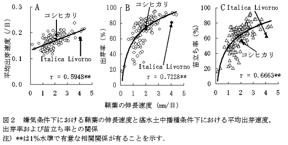 図2 嫌気条件下における鞘葉の伸長速度と湛水土中播種条件下における平均出芽速度、出芽率及び苗立ち率との関係